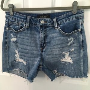 Judy Blue distressed eyelet patch size large denim shorts
